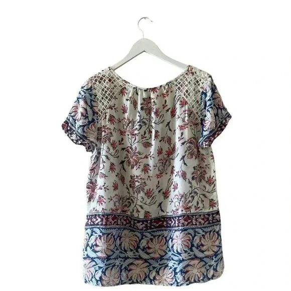 Lucky Brand Blue Red White Boho Paisley Floral Pattern Short Sleeves Blouse L - Picture 2 of 11